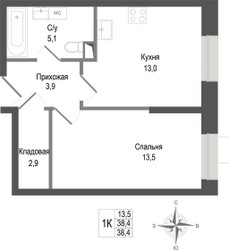Планировка однокомнатной(квартира) площадью 38.4 квадратных метров в ЖК “ЖК КИНОКВАРТАЛ”