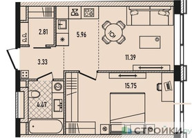 Планировка однокомнатной(квартира) площадью 43.9 квадратных метров в “ЖК Republic (Репаблик)”