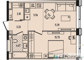 Планировка однокомнатной(квартира) площадью 43.9 квадратных метров в ЖК “ЖК Republic (Репаблик)”