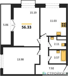 Планировка двухкомнатной(квартира) площадью 56.33 квадратных метров в ЖК “ЖК Одинбург”