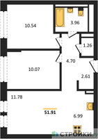 Планировка двухкомнатной(квартира) площадью 51.91 квадратных метров в “ЖК Егорово Парк”