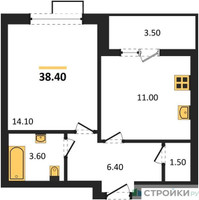 Планировка однокомнатной(квартира) площадью 38.4 квадратных метров в “ЖК ЮЖНАЯ БИТЦА”