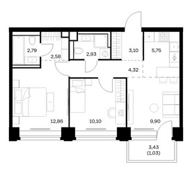 Планировка двухкомнатной(квартира) площадью 55.36 квадратных метров в ЖК “ЖК НОВА”