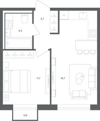 Планировка однокомнатной(квартира) площадью 38.7 квадратных метров в ЖК “ЖК Равновесие”