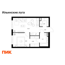 Планировка однокомнатной(квартира) площадью 38.83 квадратных метров в ЖК “ЖК Ильинские луга”