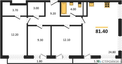 Планировка трехкомнатной(квартира) площадью 81.4 квадратных метров в ЖК “ЖК Южная Долина”