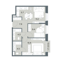 Планировка трехкомнатной(квартира) площадью 59.4 квадратных метров в “ЖК Станиславский”