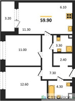 Планировка двухкомнатной(квартира) площадью 59.9 квадратных метров в “Жилые кварталы Белый Град”
