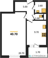 Планировка однокомнатной(квартира) площадью 40.7 квадратных метров в “ЖК Одинцово Сити”