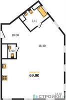 Планировка однокомнатной(квартира) площадью 69.9 квадратных метров в “ЖК Titul на Серебрянической (Титул)”