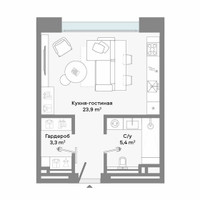 Планировка студии(апартаменты) площадью 32.6 квадратных метров в “ЖК CULT (Культ)”