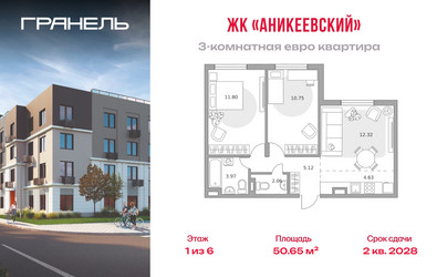 Планировка трехкомнатной(квартира) площадью 50.65 квадратных метров в ЖК “ЖК Аникеевский”