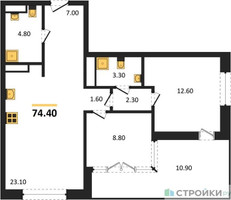 Планировка двухкомнатной(квартира) площадью 74.4 квадратных метров в “ЖК МОНС”