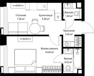 Планировка однокомнатной(квартира) площадью 35.65 квадратных метров в ЖК “ЖК Веер”