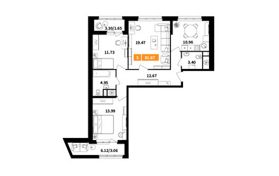 Планировка трехкомнатной(квартира) площадью 81.9 квадратных метров в ЖК “ЖК Планерный Квартал”