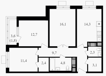 Планировка трехкомнатной(квартира) площадью 78.6 квадратных метров в ЖК “ЖК Октябрьское поле”