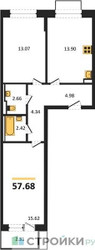Планировка двухкомнатной(квартира) площадью 57.68 квадратных метров в ЖК “ЖК Квартал Марьино”