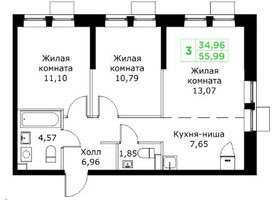 Планировка трехкомнатной(квартира) площадью 55.99 квадратных метров в “ЖК КИТ 2”