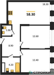 Планировка двухкомнатной(квартира) площадью 58.3 квадратных метров в ЖК “ЖК Переделкино Ближнее”