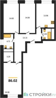 Планировка трехкомнатной(квартира) площадью 86.02 квадратных метров в “ЖК Городские Истории”