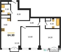 Планировка двухкомнатной(квартира) площадью 64.3 квадратных метров в “ЖК Emotion (Эмоушен)”