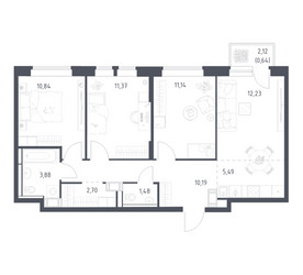 Планировка трехкомнатной(квартира) площадью 69.96 квадратных метров в ЖК “ЖК Большое Путилково”