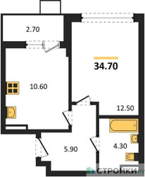 Планировка однокомнатной(квартира) площадью 34.7 квадратных метров в ЖК “ЖК Деснаречье”