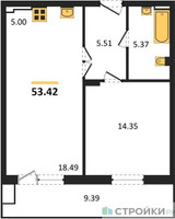 Планировка однокомнатной(квартира) площадью 53.42 квадратных метров в “ЖК Егорово Парк”