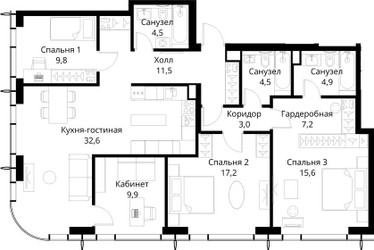 Планировка трехкомнатной(квартира) площадью 120.7 квадратных метров в ЖК “ЖК Сити Бэй”