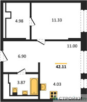 Планировка однокомнатной(квартира) площадью 42.11 квадратных метров в “ЖК Молжаниново”