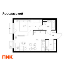 Планировка однокомнатной(квартира) площадью 37.8 квадратных метров в ЖК “ЖК Ярославский”