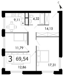 Планировка трехкомнатной(квартира) площадью 66.9 квадратных метров в ЖК “ЖК Городские Истории”