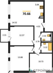 Планировка трехкомнатной(квартира) площадью 70.66 квадратных метров в ЖК “ЖК Мытищи Парк”