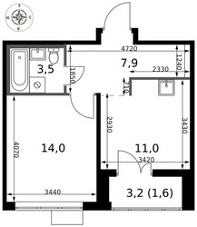 Планировка однокомнатной(квартира) площадью 38 квадратных метров в ЖК “ЖК 1-й Саларьевский (Первый Саларьевский)”