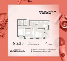 Планировка трехкомнатной(квартира) площадью 83.2 квадратных метров в “ЖК Родина Парк”