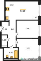 Планировка двухкомнатной(квартира) площадью 53.27 квадратных метров в “ЖК Прибрежный Парк”