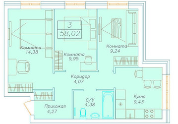 Планировка трехкомнатной(квартира) площадью 58.02 квадратных метров в ЖК “на Микояна, 54-57”