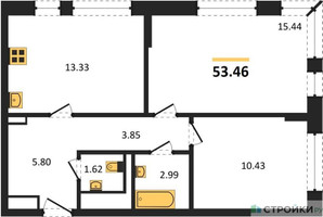 Планировка двухкомнатной(квартира) площадью 53.46 квадратных метров в “ЖК Молжаниново”