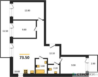 Планировка трехкомнатной(квартира) площадью 73.5 квадратных метров в ЖК “ЖК Никольский квартал Отрада”