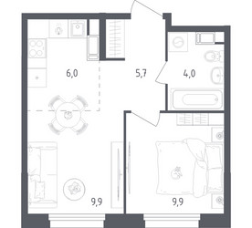 Планировка однокомнатной(квартира) площадью 35.5 квадратных метров в ЖК “ЖК Ольховый Квартал”