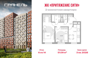 Планировка двухкомнатной(квартира) площадью 51.09 квадратных метров в “ЖК Притяжение Сити”