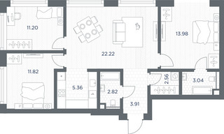 Планировка трехкомнатной(квартира) площадью 76.91 квадратных метров в “ЖК TATE (Тэйт)”