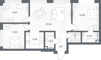 Планировка трехкомнатной(квартира) площадью 76.91 квадратных метров в ЖК “ЖК TATE (Тэйт)”