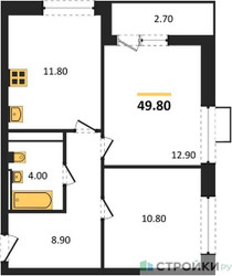 Планировка двухкомнатной(квартира) площадью 49.8 квадратных метров в ЖК “ЖК Скандинавия”