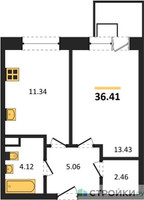 Планировка однокомнатной(квартира) площадью 36.41 квадратных метров в “ЖК Новотомилино”