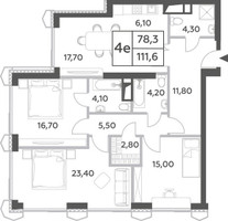Планировка 4+ комнатной(квартира) площадью 111.6 квадратных метров в “ЖК Will Towers (Вилл Тауэрс)”