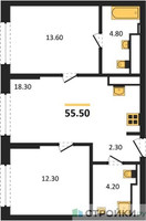 Планировка двухкомнатной(квартира) площадью 55.5 квадратных метров в “ЖК Символ”