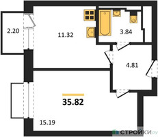 Планировка однокомнатной(квартира) площадью 35.82 квадратных метров в “ЖК Рублевский Квартал”