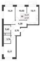 Планировка трехкомнатной(квартира) площадью 67.01 квадратных метров в “ЖК Smart Garden (Смарт Гарден)”