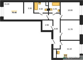 Планировка трехкомнатной(квартира) площадью 70.4 квадратных метров в “Жилые кварталы Белый Град”